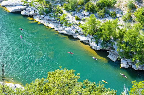 kayaks in Ardeche Gorge, Rhone-Alpes, France photo