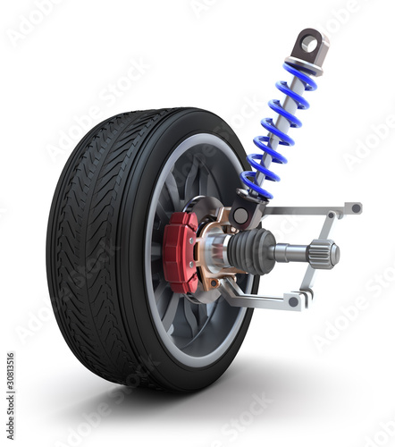Wheel, shock absorber and brake pads. Isolated on white