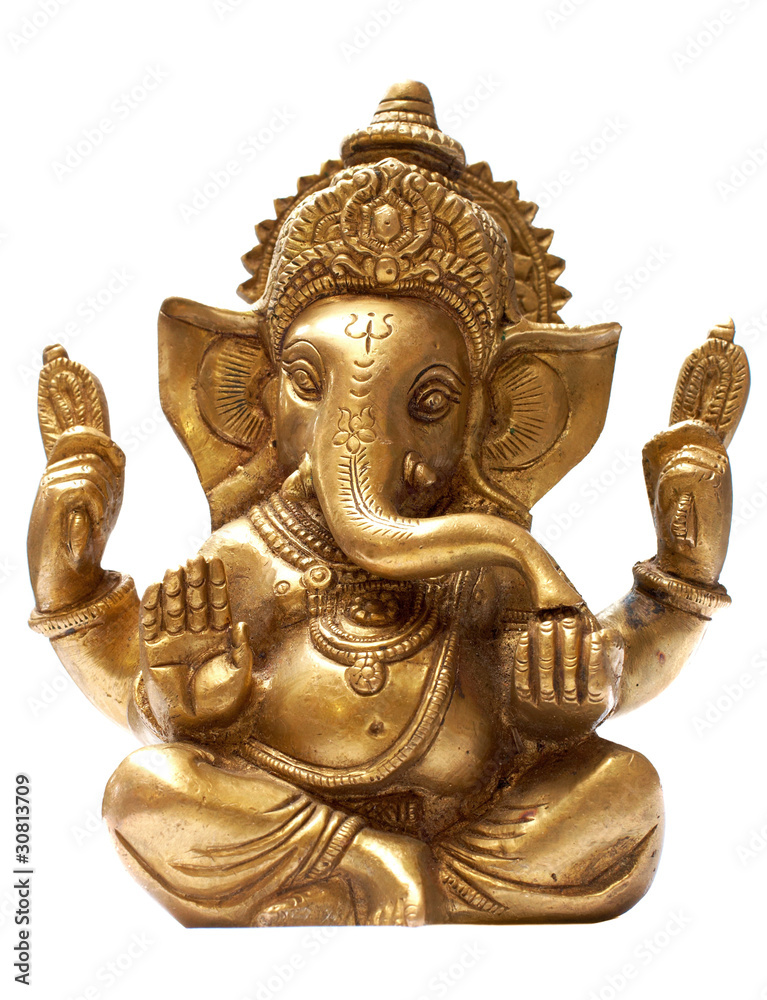 Photo & Art Print Golden Hindu God Ganesh over a white background