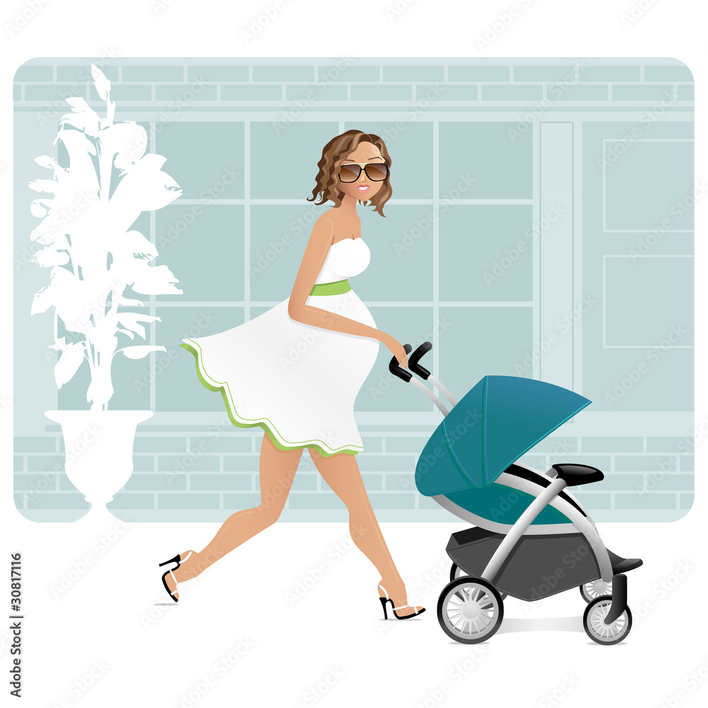Pregnant latina mom with a modern baby stroller, shopping Pregnant latina mom with a modern baby stroller, shopping