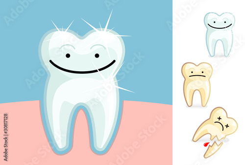 Clean and healthy molar and a stained and broken tooth