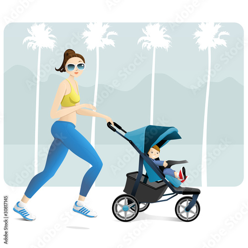 Young mother jogging with toddler in a stroller