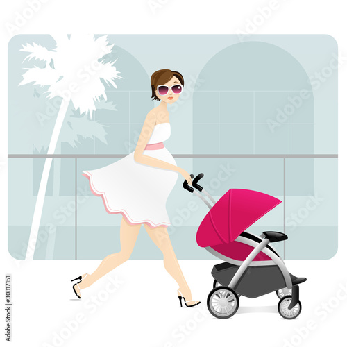 A pregnant mother with a stroller in a shopping mall