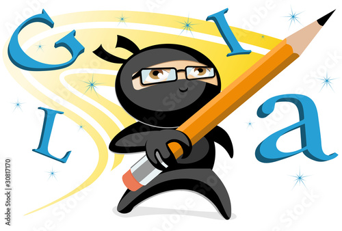 Ninja writer holding pencil while doing magical letters