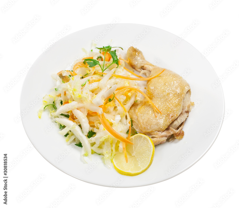 Fried hens and salad from cabbage Fried hens and salad from cabbage