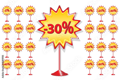 set of red and yellow sale icons on stand - discount percentage
