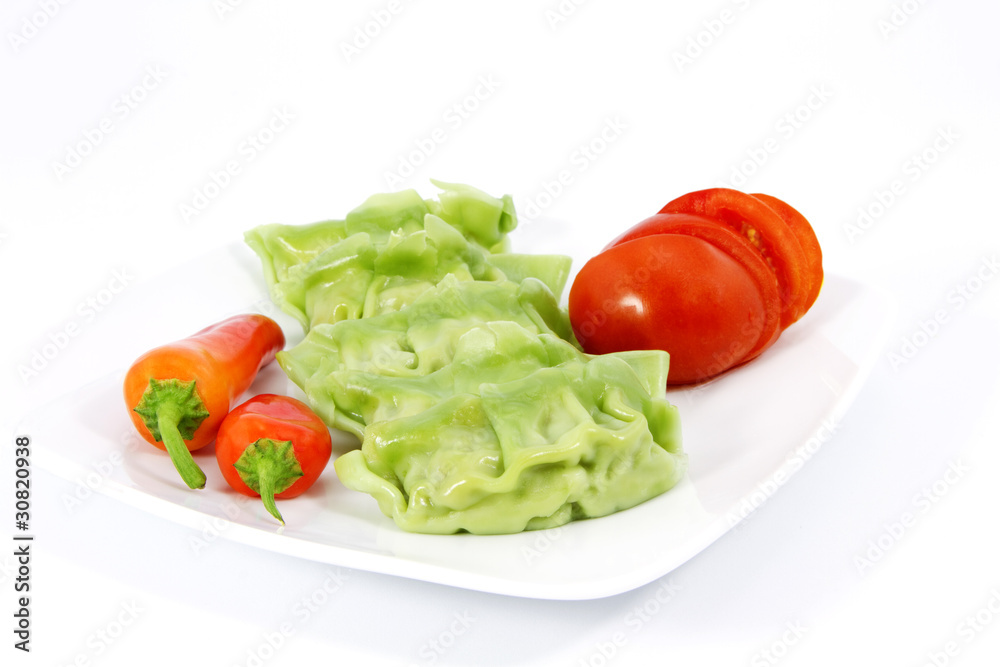 Vegetarian Gyoza with Fresh Peppers and Tomatoes Vegetarian Gyoza with Fresh Peppers and Tomatoes