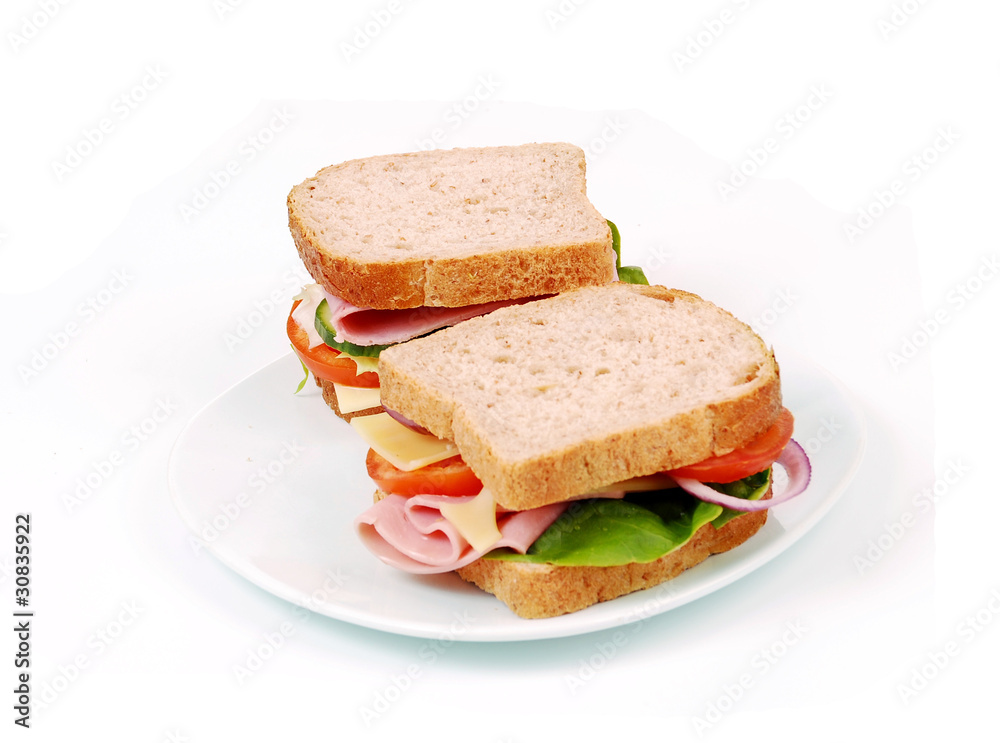 Healthy ham sandwich with cheese, tomatoes Healthy ham sandwich with cheese, tomatoes