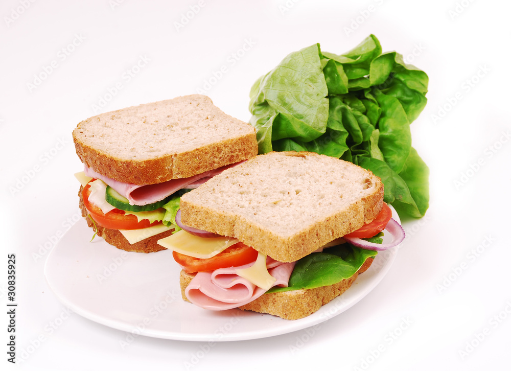 Healthy ham sandwich with cheese, tomatoes Healthy ham sandwich with cheese, tomatoes