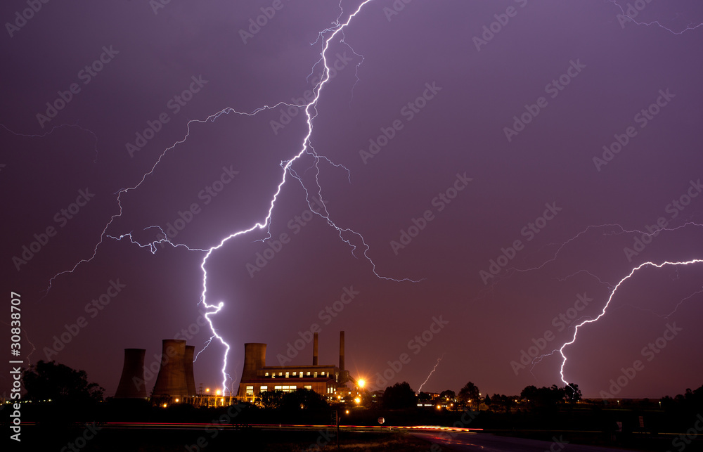 lightning over power station