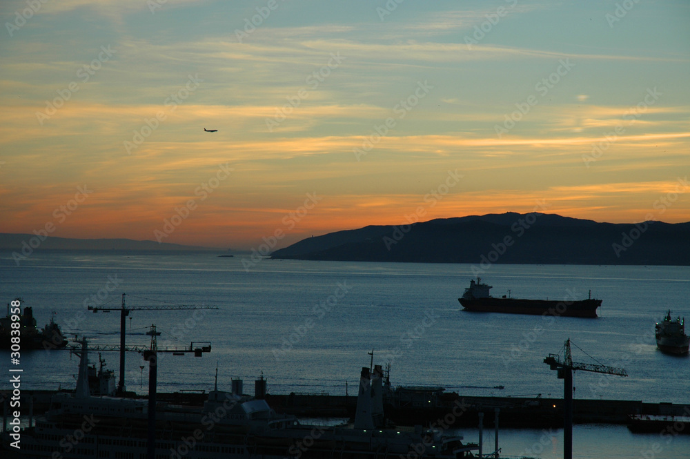 Sunset over the Straits of Gibraltar and Harbour Sunset over the Straits of Gibraltar and Harbour