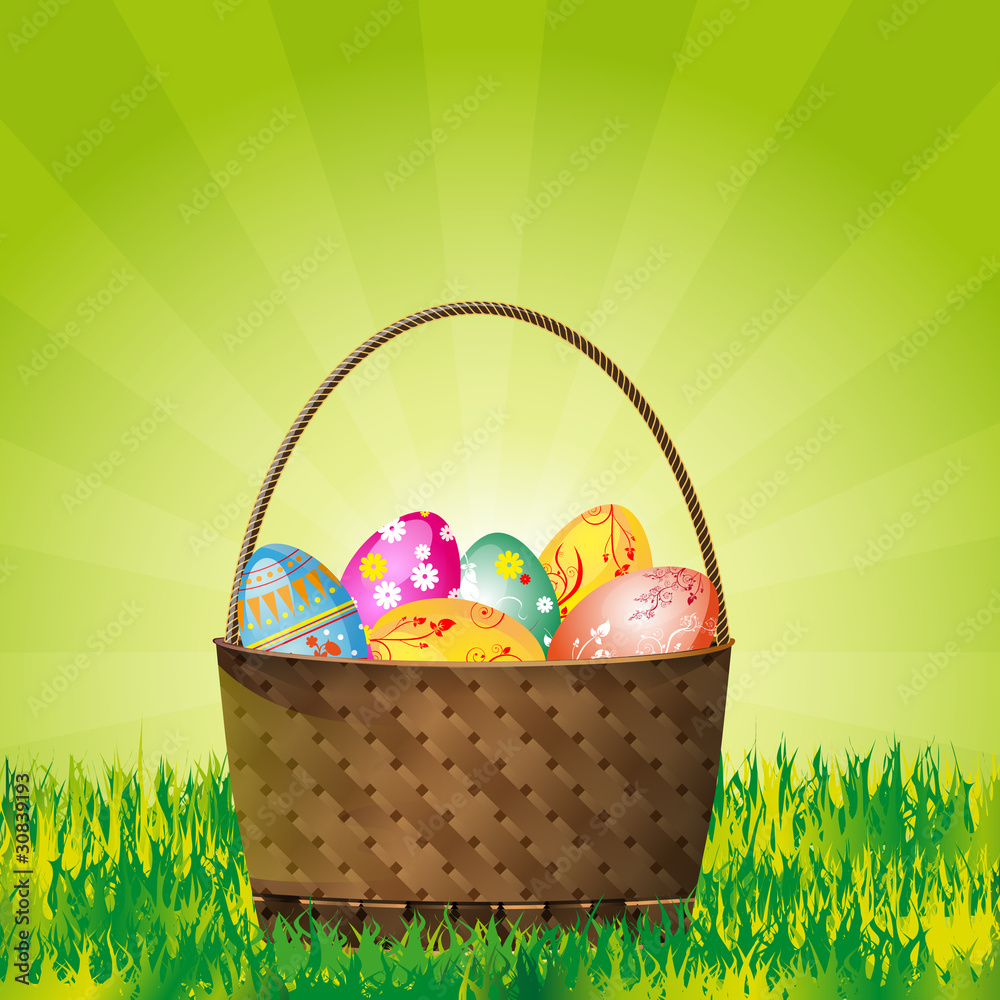 Easter wicker basket with eggs and place for your message
