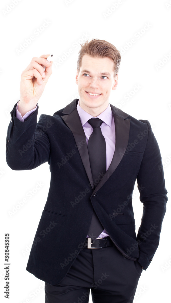 Businessman writing something on a whiteboard, isolated Businessman writing something on a whiteboard, isolated