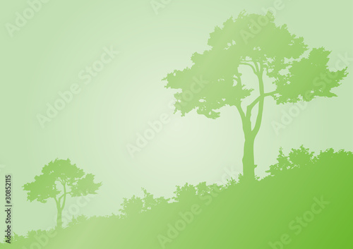 Horizontal green background with silhouette of trees