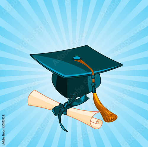 Graduation cap and diploma radial background