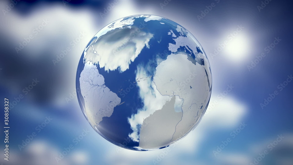 Spinning glass planet Earth - looped, blured sky background Spinning glass planet Earth - looped, blured sky background