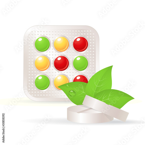 Vitamins, herbal tablets, and green leaf