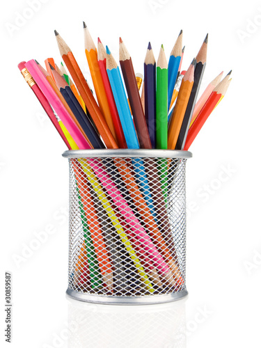 colorful pencils in holder isolated on white