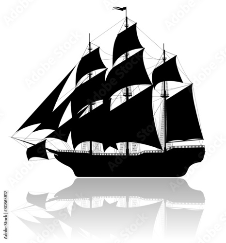 Black old ship isolated on white background