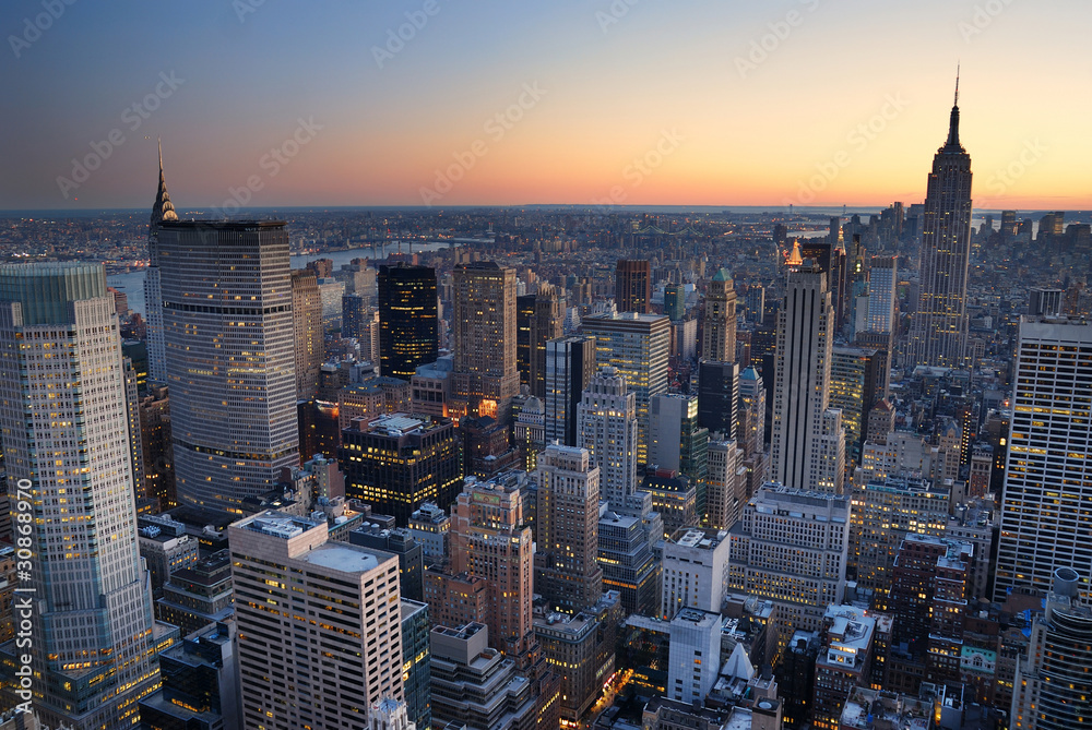 New York City Manhattan skyline panorama sunset aerial view with