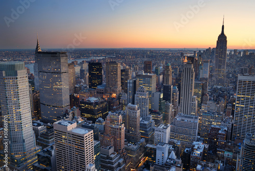 New York City Manhattan skyline panorama sunset aerial view with