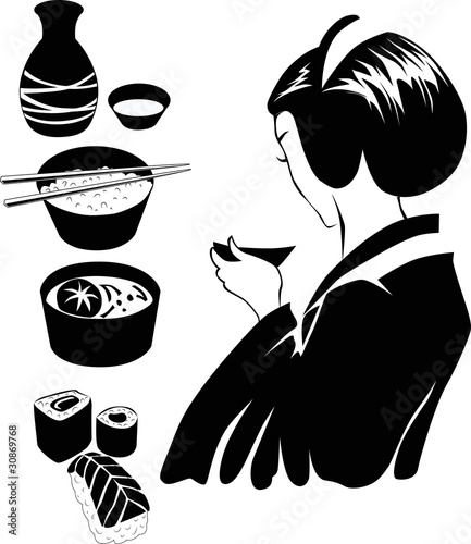 vector image of Japanese girl with traditional food