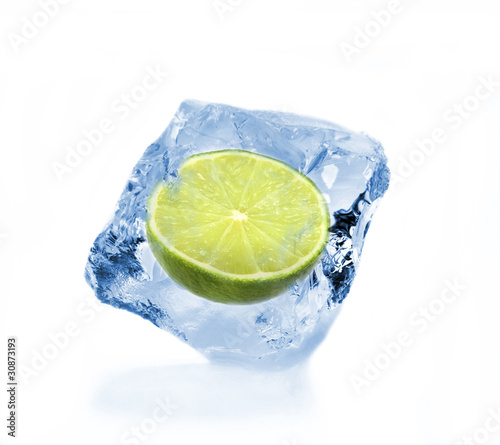 SLice of lime in ice cube