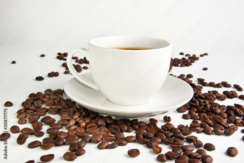 coffee cup and coffee beans on white background coffee cup and coffee beans on white background