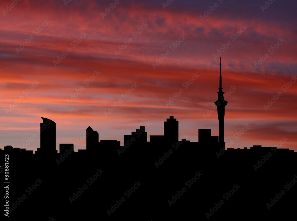 Auckland skyline at sunset with beautiful sky illustration Auckland skyline at sunset with beautiful sky illustration