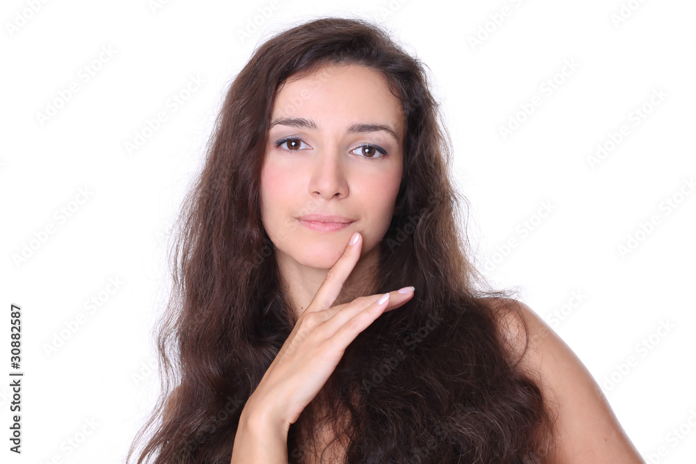 Beautiful woman thinks isolated on white background Beautiful woman thinks isolated on white background