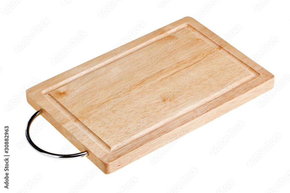 Brown wooden chopping board with metal handle Brown wooden chopping board with metal handle