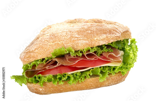 Ciabatta with lettuce, ham, cheese and tomato