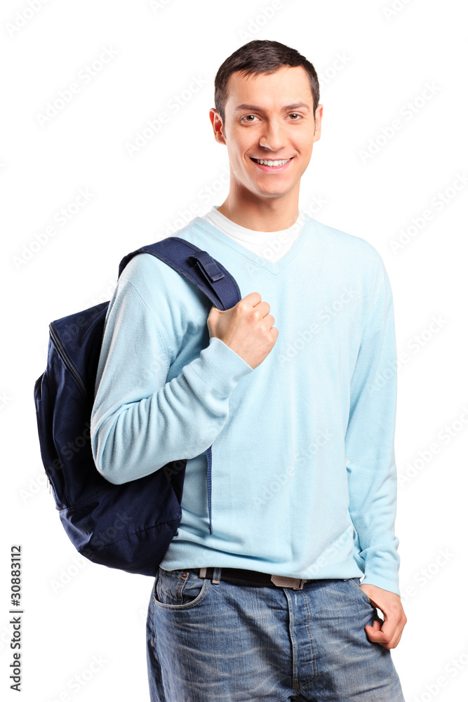 A portrait of a male student with a school bag A portrait of a male student with a school bag