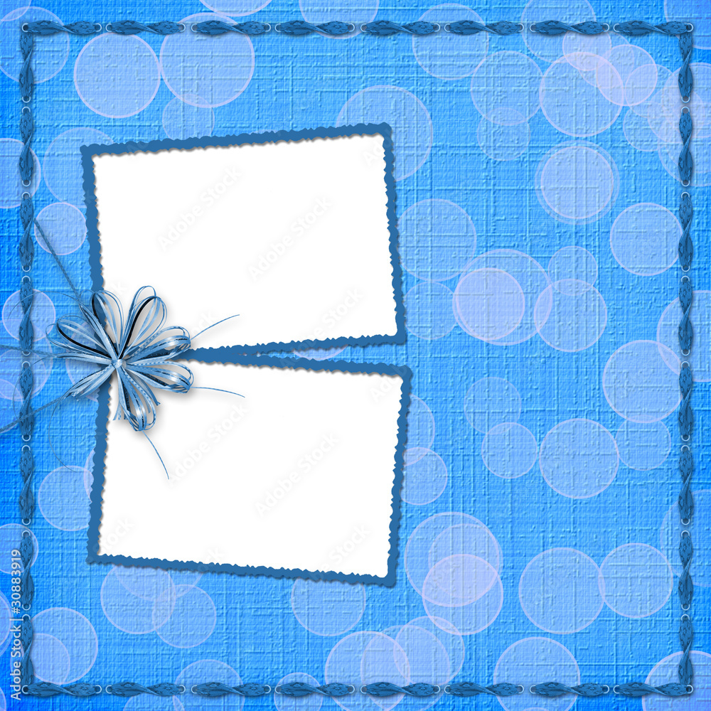 Card for invitation with blue bow and ribbons