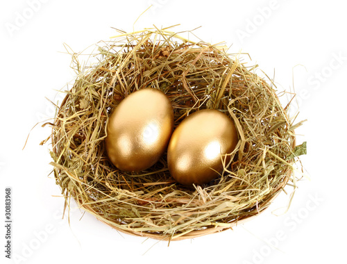 Three golden hen's eggs in the grassy nest isolated on white