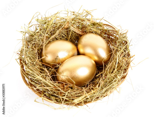 Three golden hen's eggs in the grassy nest isolated on white