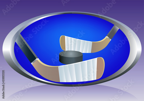 Ice hockey background with 2 sticks and puck in oval.