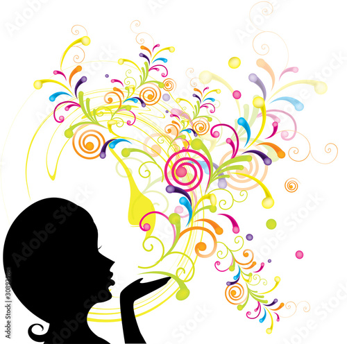 Young girl blowing abstract floral