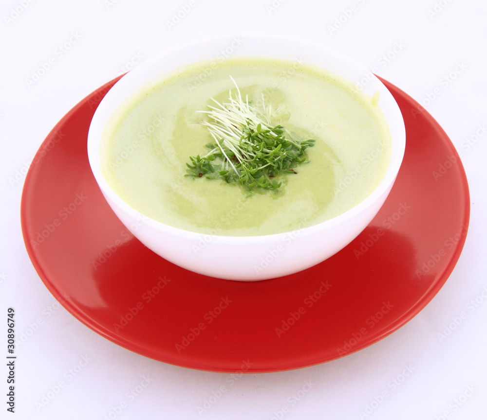 Pea and mozzarella soup decorated with some cress Pea and mozzarella soup decorated with some cress