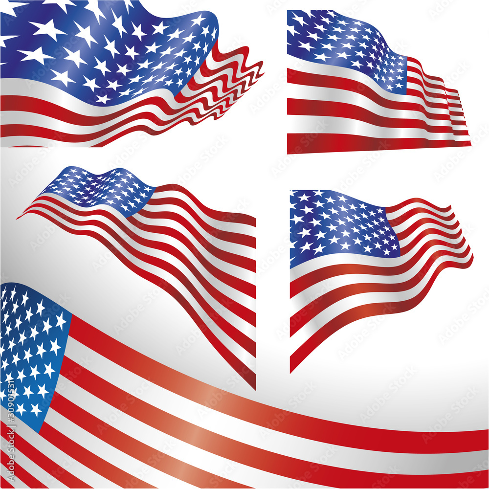 Set of classics USA flags distorted by the wind. Set of classics USA flags distorted by the wind.