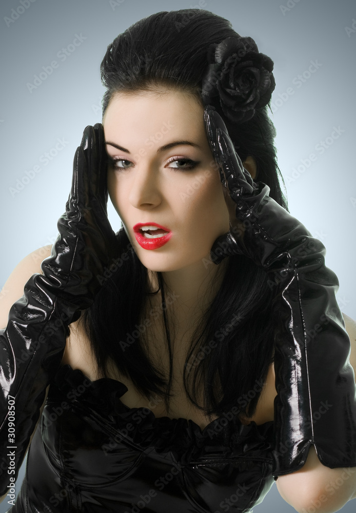 portrait of sexy woman in black corset and gloves portrait of sexy woman in black corset and gloves