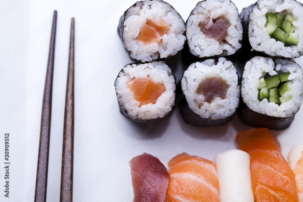 Japanese sushi seafood rolls with rice