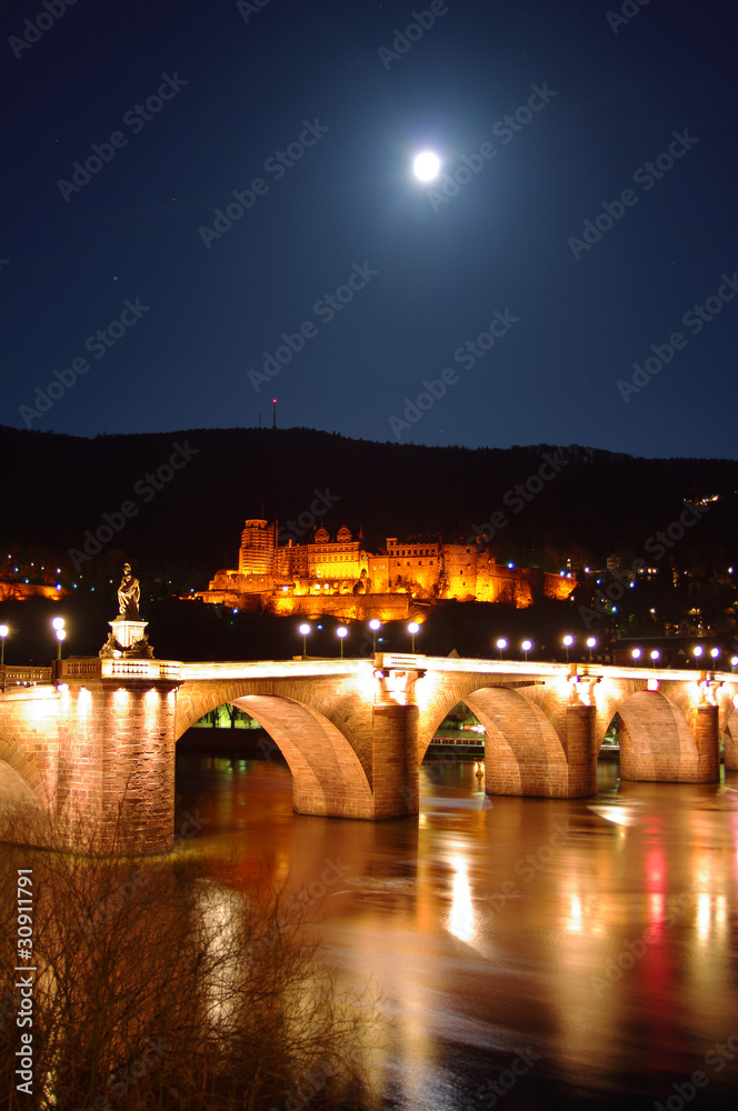 Old Bridge, Neckar, Castle and Moon at night, Heidelberg, German