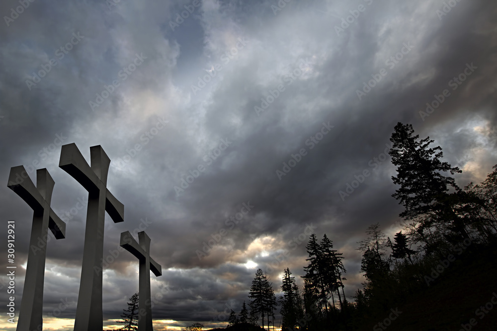 Obraz premium Good Friday Easter Day Crosses Clouds Trees Background