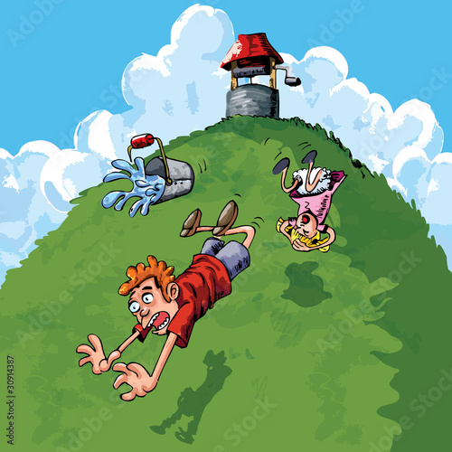 Carton Jack and Jill falling down a hill