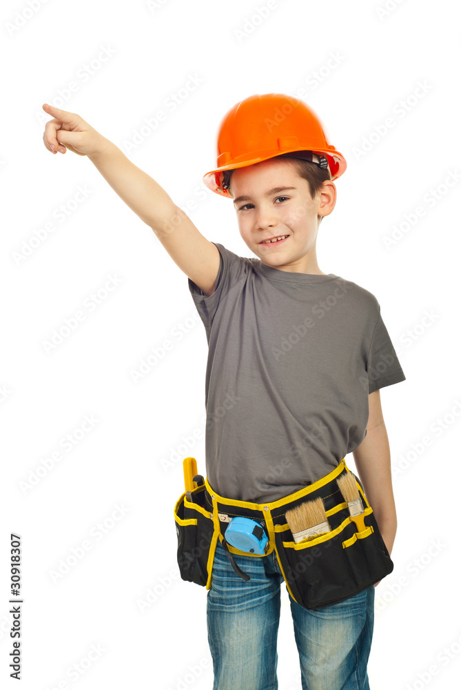 Little constructor worker boy pointing