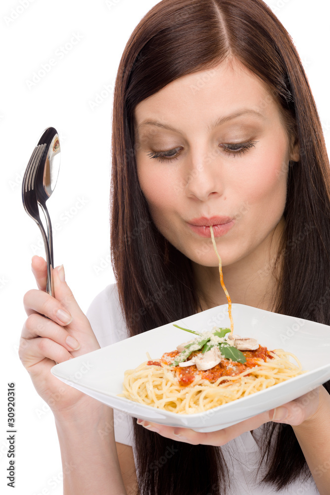 Italian food - portrait woman eat spaghetti sauce Italian food - portrait woman eat spaghetti sauce
