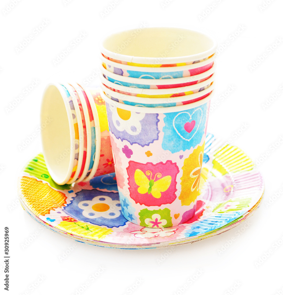 Colourful Party Paper Cups And Plates On Table Top Stock Photo