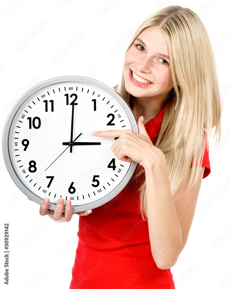 Young beautiful woman with the clock