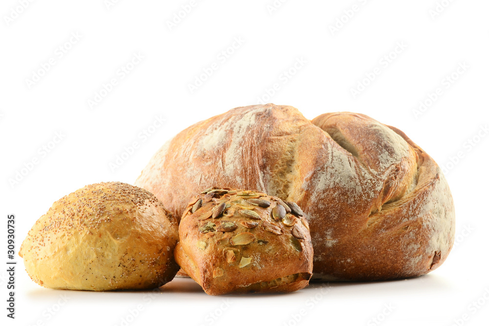 Composition with bread and rolls isolated on white